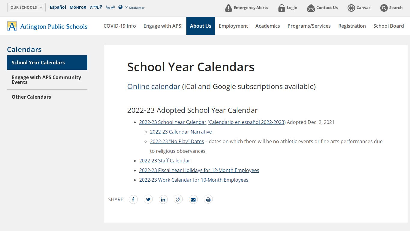 School Year Calendars - Arlington Public Schools