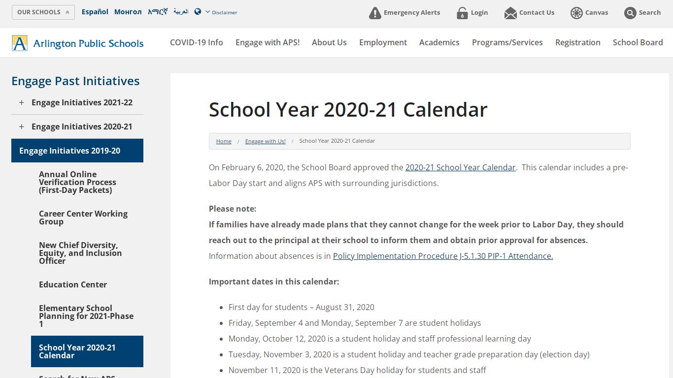 School Year 2020-21 Calendar - Arlington Public Schools