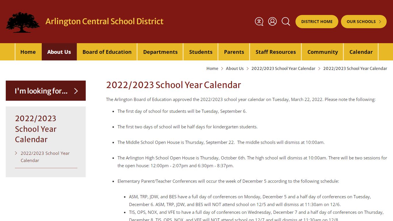 2022/2023 School Year Calendar - Arlington Central School District