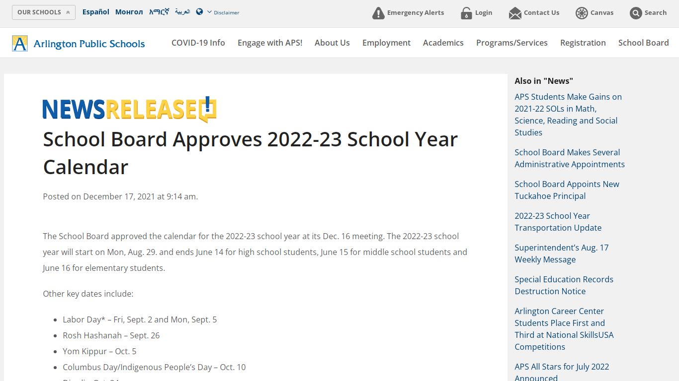 School Board Approves 2022-23 School Year Calendar - Arlington Public ...